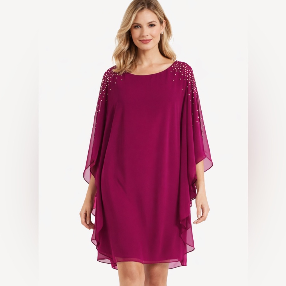 Elegant Magenta Cape Dress w. embellishment on sleeve. Ideal for special event.
